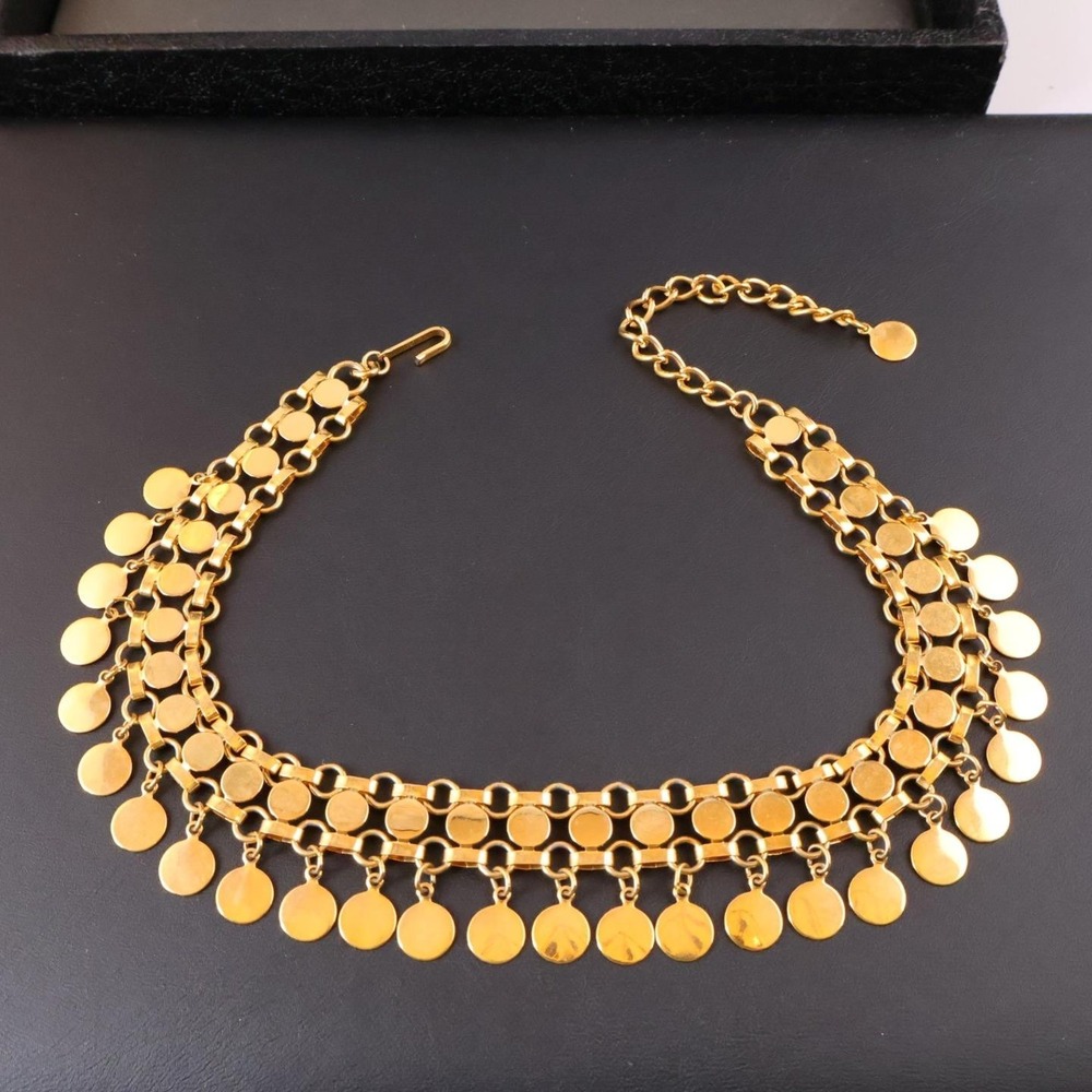 Vintage Circle Links Gold Tone Choker Shiny Chain Dangles Necklace